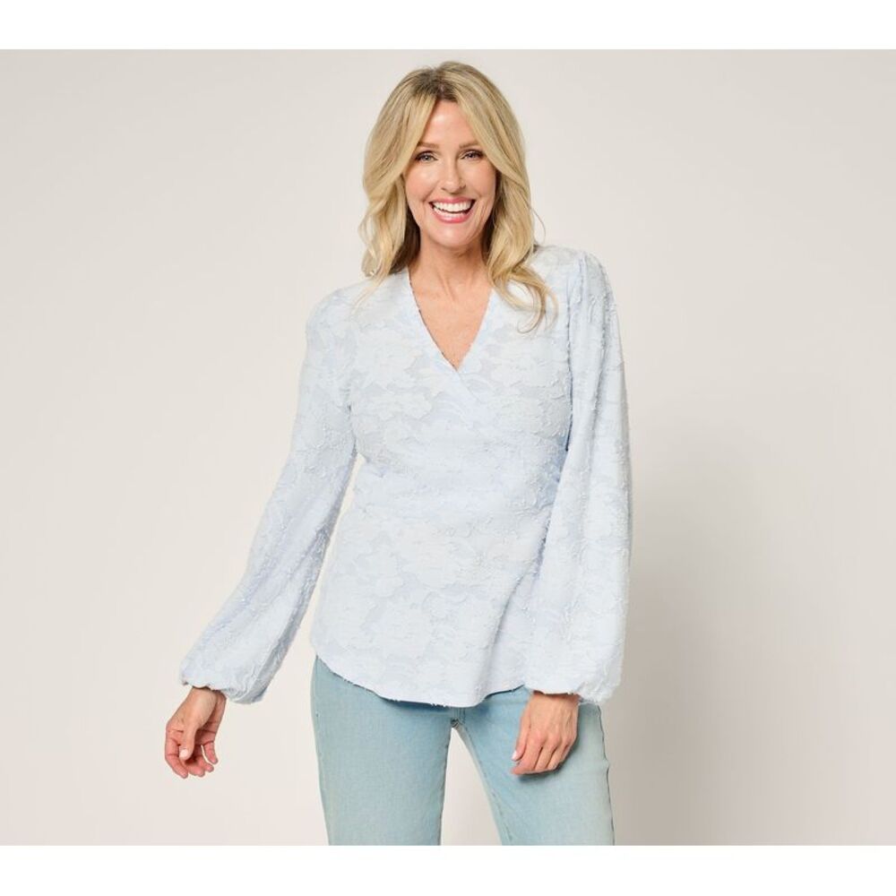 Studio Park Women's Top Sz XL x Terri Conn Faux Wrap Textured Knit Blue